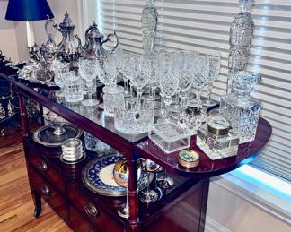 Mahogany Tea Cart LOADED with Fine crystal, sterling and silverplate set by Reed & Barton