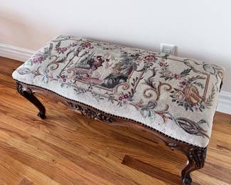 Large antique French style long bench needlepoint, has some wear