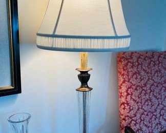 A Pair of Antique Brass & Crystal Lamps with Silk Shades