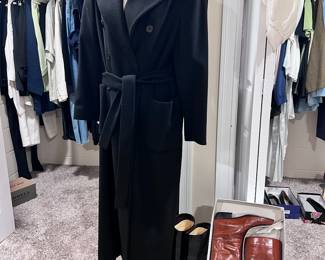 Ladies high end clothing and shoes including this cashmere long coat and leather boots