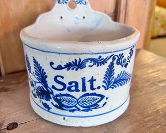 Antique / Primitive Blue and White Stoneware Salt Box Crock