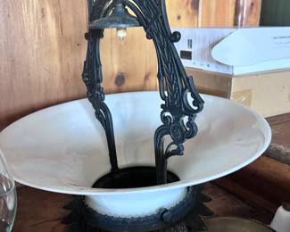 Antique cast iron hanging oil lamp chandelier (see previous pic when it was up and on!)