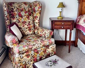 Vintage Ethan Allen Floral Chair. Needlepoint footstool