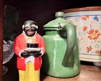Uncle Moses pepper shaker, green enamelware teapot