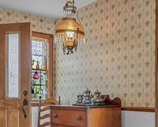 Antique brass & amber glass hanging chandelier lamp (has been taken down already for the sale, see next photo)