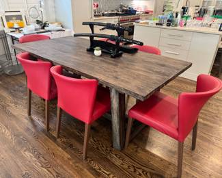 STUNNING custom made table. Made from reclaimed wood. This is solid dining table! Very heavy! 
Also 6 red leather chairs
