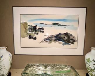 Framed wall art and glass vessel