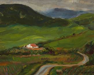 154
Mabel Alvarez
1891-1985
"Hawaiian Fields"
Oil on board
Estate signed lower right: M. Alvarez; with the black ink stamp reading, "By Maeel [sic] Alvarez No.... of the Al Kramer Collection / Inventory and Photos at the Archives of American Art," signed "Albert J. Kramer" and numbered "43" in the sections of the stamp left blank for that purpose; titled in pencil, verso
10' H x 13.75' W
Estimate: $2,000 - $3,000