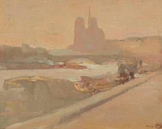 41
Xavier Martinez
1869-1943
"Notre Dame de Paris / Quay [sic] Saint Bernard," 1900
Oil on canvas laid to canvas
Inscribed and with the artist's stylized monogram at lower right: Paris. XM [in a circle]; signed, monogrammed again, titled, and dated, all in ink on the frame's backing board: Notre Dame de Paris / Quay [sic] Saint Bernard / JTM [in a circle] 1900 / J.T. Martinez; partially titled again on the frame plaque as well as on an exhibition label affixed to the verso of the frame's backing board: Notre Dame de Paris
8.5" H x 10.5" W
Estimate: $2,500 - $3,500