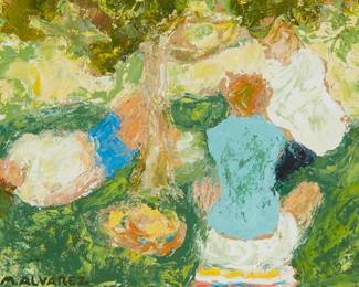 155
Mabel Alvarez
1891-1985
"Three Boys Under Tree"
Oil on board
Estate signed lower left: M. Alvarez; estate signed again, and titled in pencil, in another hand, all verso; with the black ink stamp reading, "By Maeel [sic] Alvarez No.... of the Al Kramer Collection / Inventory and Photos at the Archives of American Art," signed "Albert J. Kramer" and numbered "32" in the sections of the stamp left blank for that purpose, verso
7.5" H x 10" W
Estimate: $1,000 - $2,000