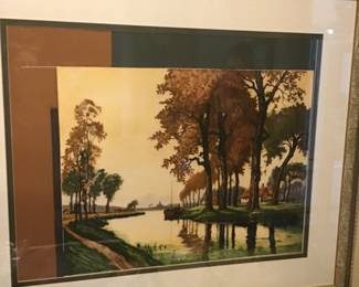 Jewel tone nature scene of a small river with trees of fall color leaves. Water color approx 32x40