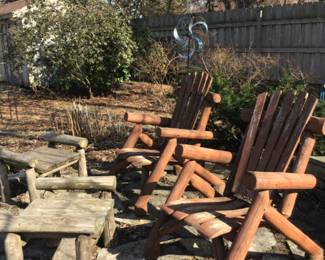 2 Adirondack chairs and 2 wood side tables/additional seating. All sold together.