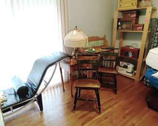 Corbusier style lounge, English Victorian wash stand with original tiles, Elna sewing machine, newer record player, box for jewelry or other treasures, wooden boxes