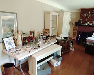 Organ bench, enamels and kiln sold together, 3-piece entertainment center (2 book cases), Joe Wilson Salish Artist tiles and framed print, wooden ice box, large tray and iron display pieces.