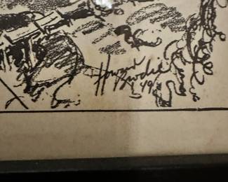 #82 - $100 - Black & white pencil signed Howard Brodie 49' 20x13 houses on mountain side