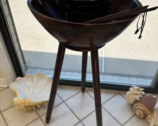 #120 - $90 - Large wooded salad bowl on stand with 4 small salad bowls and salad forks