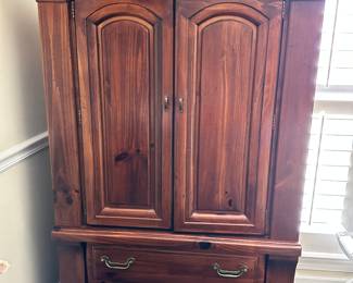 #88 - $800 - Solid wood bedroom set - stained pine made off Full size bed & 2 night stands + dresser/mirror & tall chest - Take or leave mattress - night stands each - 26wx16dx24t - dresser - 69wx18dx79t with hutch