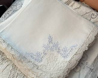 #62 - $250 - Point of Venice Table cloth with blue embroidery 135x66 with 11 napkins