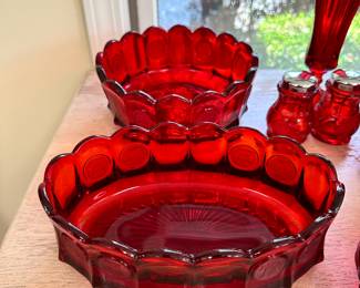 #22 - $10 to $30 - Ruby red dishes with Coin pattern 13 pieces