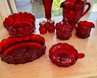 #22 - $10 to $30 - Ruby red dishes with Coin pattern 13 pieces
