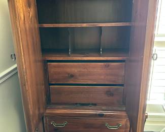 #88 - $800 - Solid wood bedroom set - stained pine made off Full size bed & 2 night stands + dresser/mirror & tall chest - Take or leave mattress - night stands each - 26wx16dx24t - dresser - 69wx18dx79t with hutch