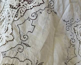 #62 - $250 - Point of Venice Table cloth with blue embroidery 135x66 with 11 napkins