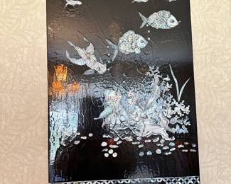 #49 - $300 - Oriental mother of pearls 4 black lacquer panels 16wx31t each