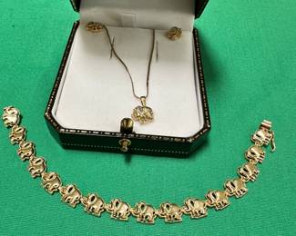 #105 -$325 -14kt gold elephant bracelet & earrings & little necklace US made set 12.11gr
