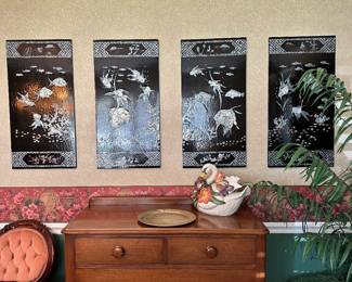 #49 - $300 - Oriental mother of pearls 4 black lacquer panels 16wx31t each