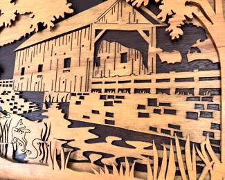 #75 - $100 - Carved art of barn behind trees, multi dimension