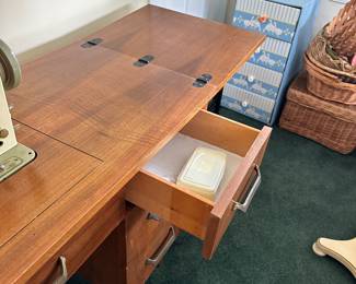 #91 - $400 - Sewing table vintage with Bernina model 740 Favorite made in Switzerland 69wx18dx30t - with cabinet open