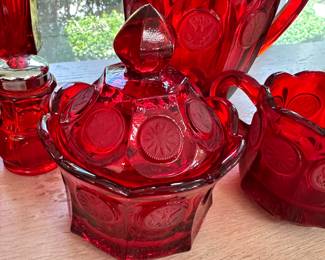 #22 - $10 to $30 - Ruby red dishes with Coin pattern 13 pieces