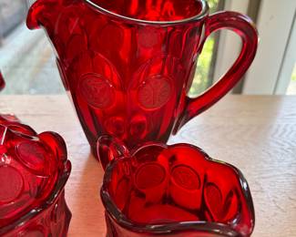 #22 - $10 to $30 - Ruby red dishes with Coin pattern 13 pieces