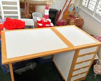 #92 - $160 - Craft table fold up 5 drawers white & pine w white chair 30hx24wx45d