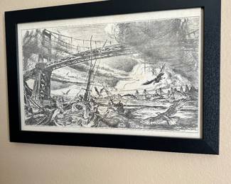 #82 - $100 - Black & white pencil signed Howard Brodie 49' 20x13 Water / bridges