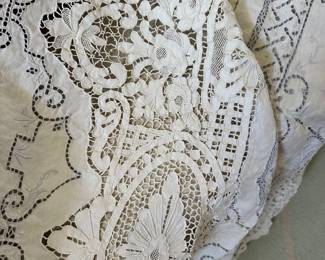 #62 - $250 - Point of Venice Table cloth with blue embroidery 135x66 with 11 napkins