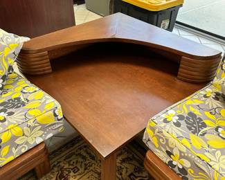 #1 - $1,450 - MCM 1950's Set handcrafted in Panama made of Honduras mahogany. corner loveseat/chair/side table & coffee table - Loveseat: 56wx31dx35t - chair: 30wx32dx38t - side table: 46wx46dx21t - coffee table: 41wx21dx18t MCM made Honduras mahogany 1960's two armchairs 34wx32dx34t