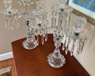 #43 - $200 - Pair of glass swirl candelabras Baccarat style 19.5tx12w