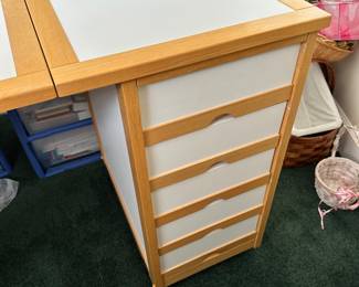 #92 - $160 - Craft table fold up 5 drawers white & pine w white chair 30hx24wx45d