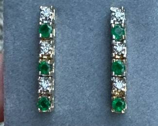 Emerald & diamonds dangling bar earrings on 14kt dangling yellow gold 2.7 grams. $375