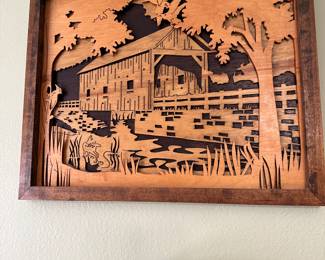 #75 - $100 - Carved art of barn behind trees, multi dimension