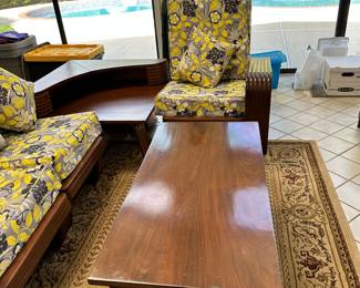 #1 - $1,450 - MCM 1950's Set handcrafted in Panama made of Honduras mahogany. corner loveseat/chair/side table & coffee table - Loveseat: 56wx31dx35t - chair: 30wx32dx38t - side table: 46wx46dx21t - coffee table: 41wx21dx18t MCM made Honduras mahogany 1960's two armchairs 34wx32dx34t