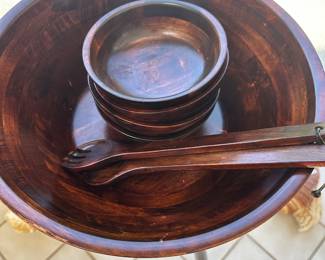 #120 - $90 - Large wooded salad bowl on stand with 4 small salad bowls and salad forks