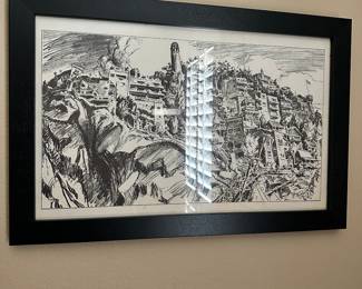 #82 - $100 - Black & white pencil signed Howard Brodie 49' 20x13 houses on mountain side
