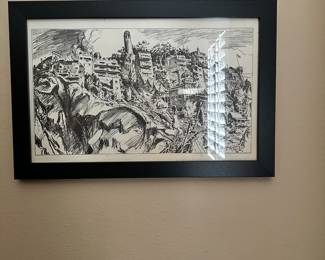 #82 - $100 - Black & white pencil signed Howard Brodie 49' 20x13 houses on mountain side