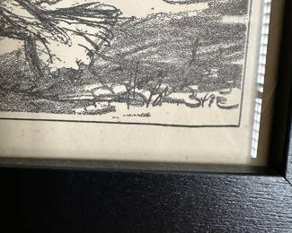 #82 - $100 - Black & white pencil signed Howard Brodie 49' 20x13 Water / bridges