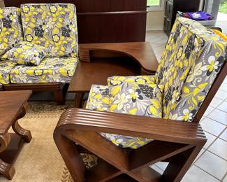 #1 - $1,450 - MCM 1950's Set handcrafted in Panama made of Honduras mahogany. corner loveseat/chair/side table & coffee table - Loveseat: 56wx31dx35t - chair: 30wx32dx38t - side table: 46wx46dx21t - coffee table: 41wx21dx18t MCM made Honduras mahogany 1960's two armchairs 34wx32dx34t