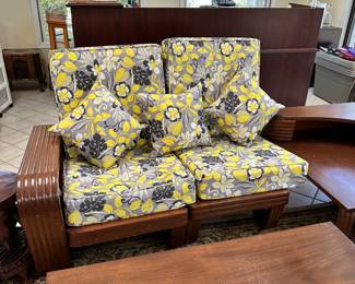 #1 - $1,450 - MCM 1950's Set handcrafted in Panama made of Honduras mahogany. corner loveseat/chair/side table & coffee table - Loveseat: 56wx31dx35t - chair: 30wx32dx38t - side table: 46wx46dx21t - coffee table: 41wx21dx18t MCM made Honduras mahogany 1960's two armchairs 34wx32dx34t