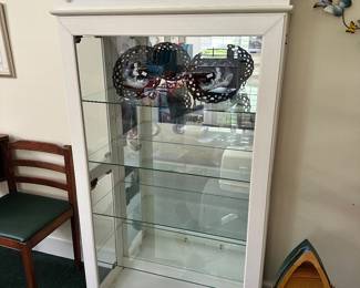 #96 - $100 - White curio cabinet opens on sides has light 30.5wx13.5dx60t