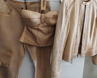 Harley Davidson leather camel jacket, corset, and pants. Size 10.
